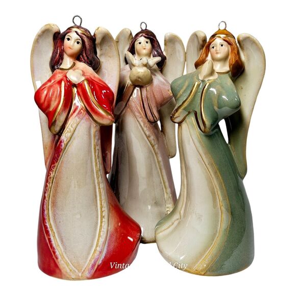 Lot 3 Vtg Ceramic Christmas Angel Bell Tree Ornaments Singing Choir Glazed Set - Picture 5 of 11